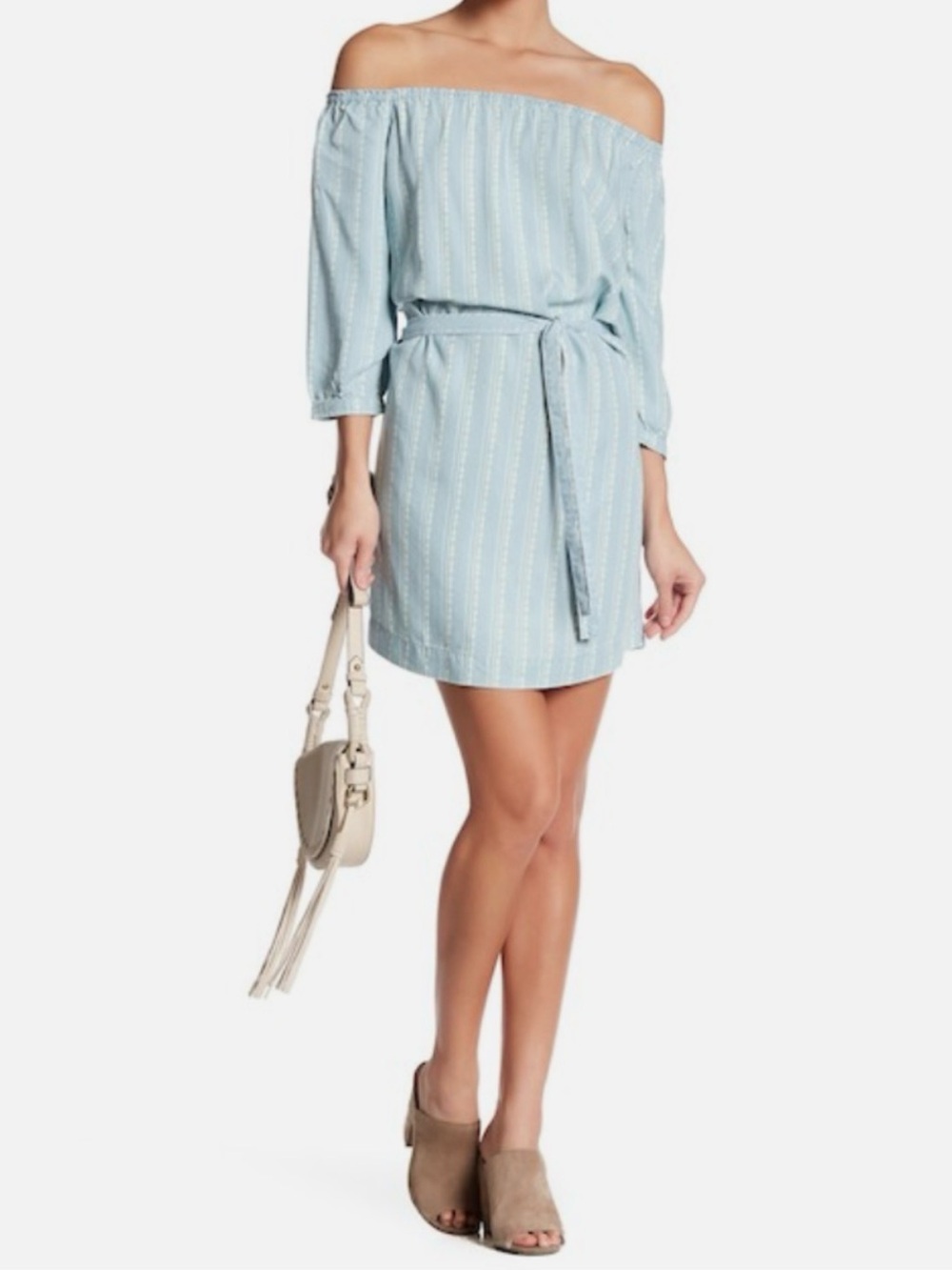 PAIGE Beatrice Vineland Light Blue Striped Off-the-Shoulder Belted Dress NWT